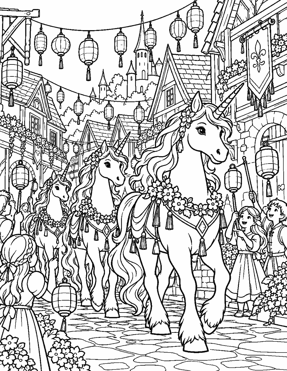Unicorn parade through a village of lanterns coloring page, black and white line art