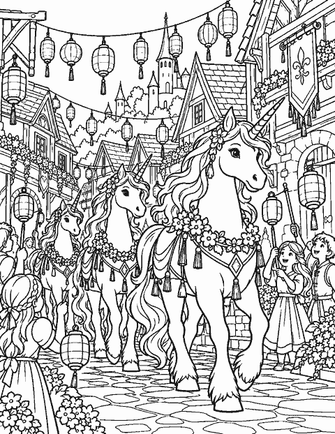 Unicorn parade through a village of lanterns coloring page