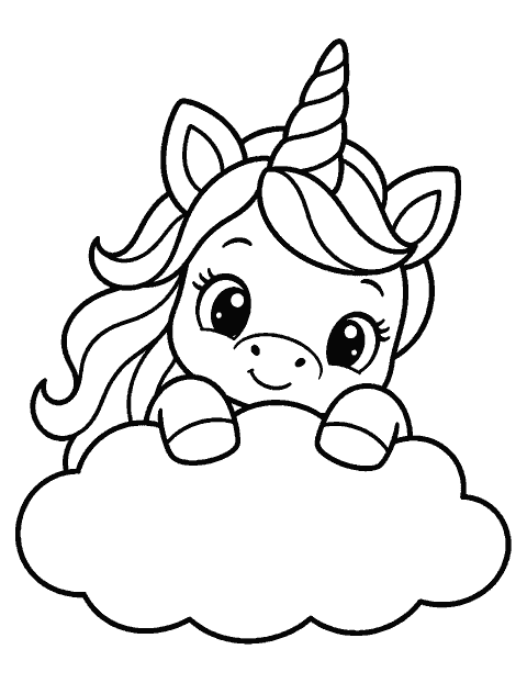 Unicorn peeking from behind a cloud coloring page