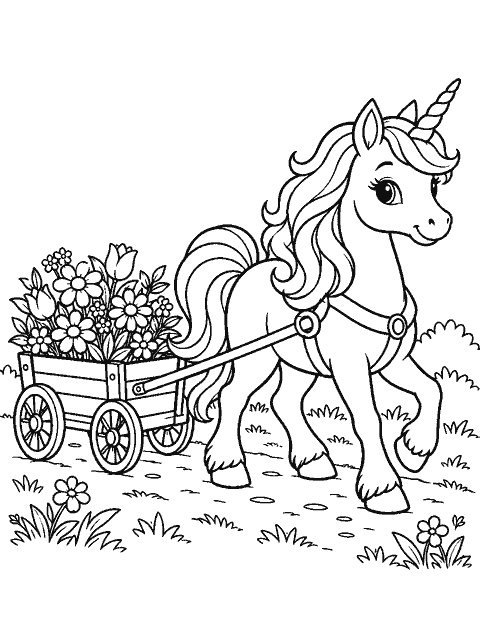 Unicorn pulling a tiny flower-filled wagon coloring page