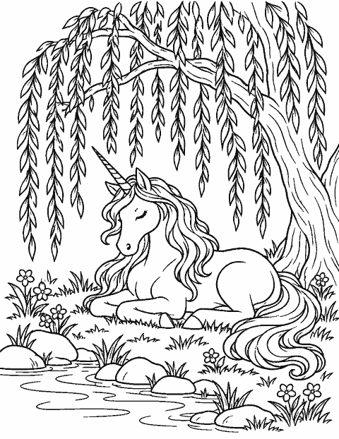 Unicorn resting beneath a willow tree coloring page