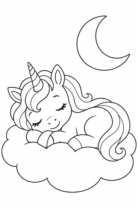 Unicorn sleeping on a cloud coloring page
