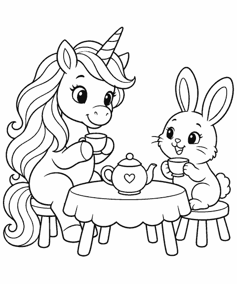 Unicorn tea party with a bunny coloring page