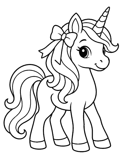 Unicorn with a simple flowing mane and bow coloring page