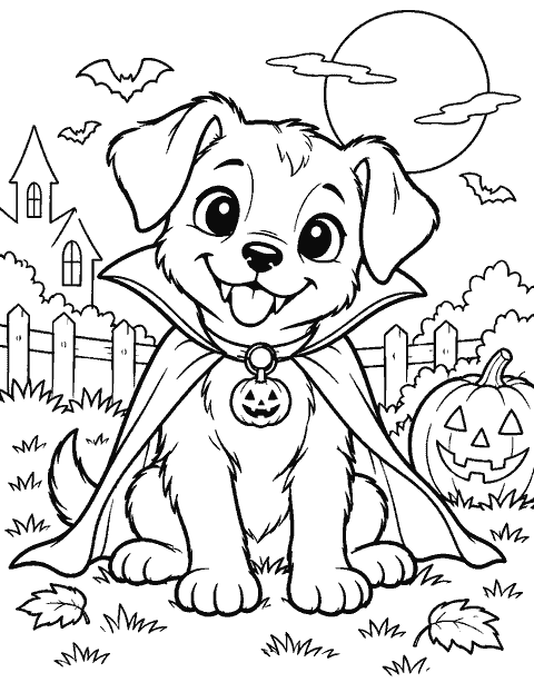 Vampire puppy with a cape and pumpkin-shaped tag coloring page