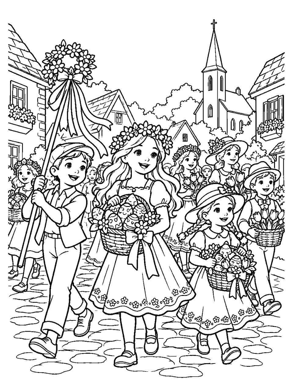 Village Easter parade with baskets and flowers coloring page, black and white line art