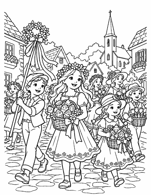 Village Easter parade with baskets and flowers coloring page