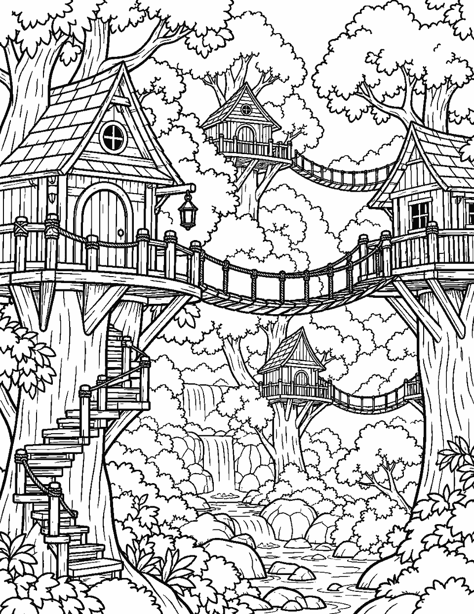 Village of tree houses connected by rope bridges coloring page, black and white line art