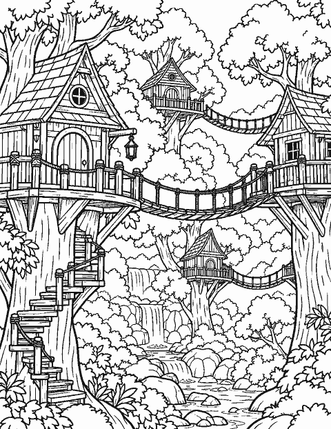Village of tree houses connected by rope bridges coloring page