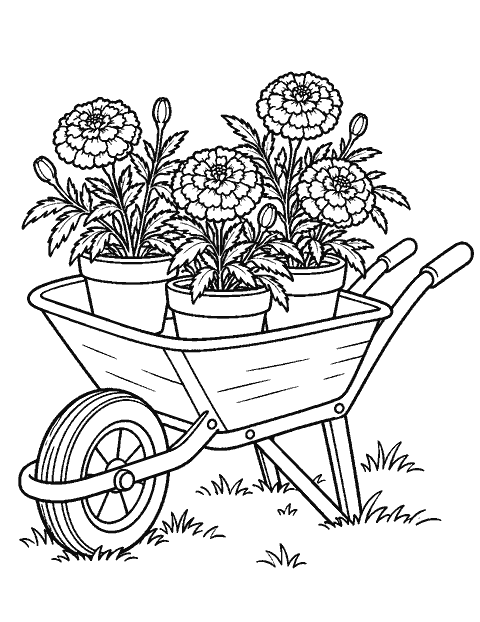 Wheelbarrow carrying potted marigolds coloring page