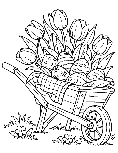 Wheelbarrow filled with eggs and tulips coloring page
