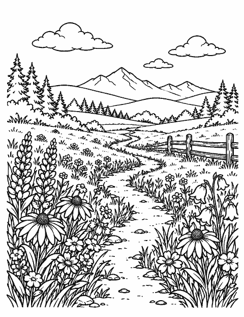 Wildflower meadow with a winding footpath coloring page
