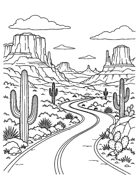 Winding road through desert mesas and cacti coloring page