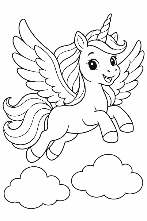 Winged unicorn above the clouds coloring page