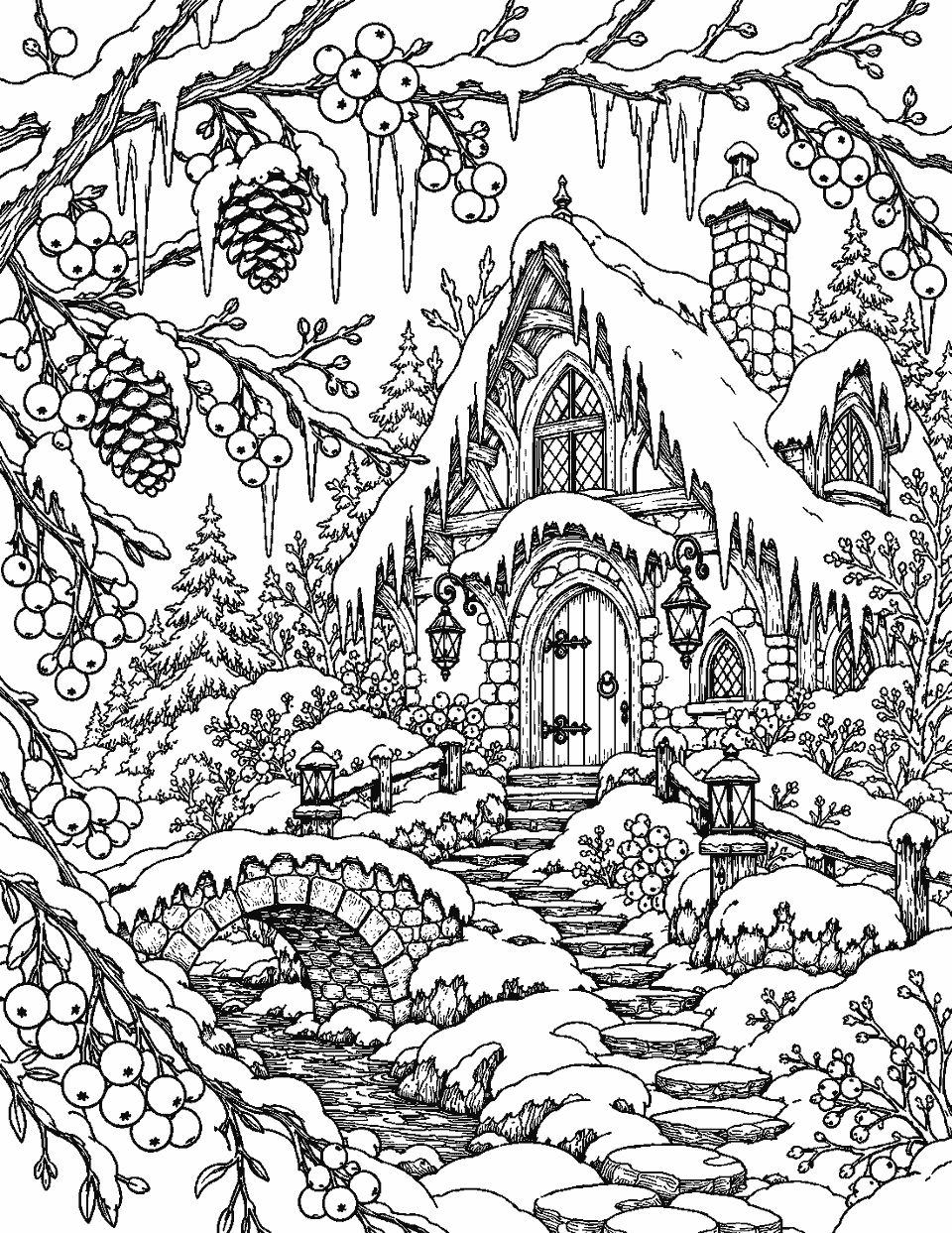 Winter fairy cottage among frosted branches coloring page, black and white line art