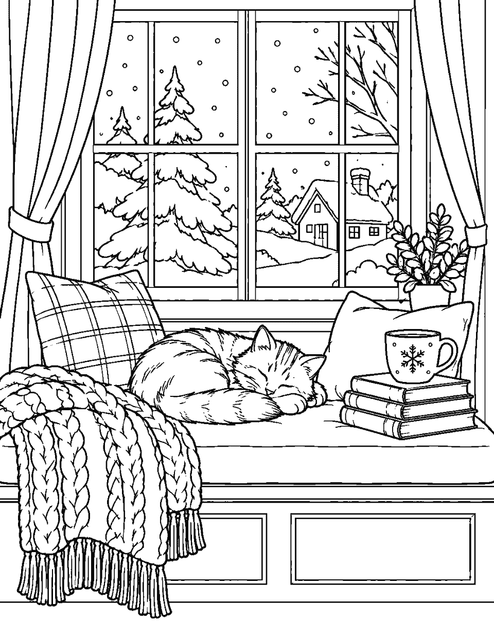 Winter window seat with books and a cat coloring page, black and white line art