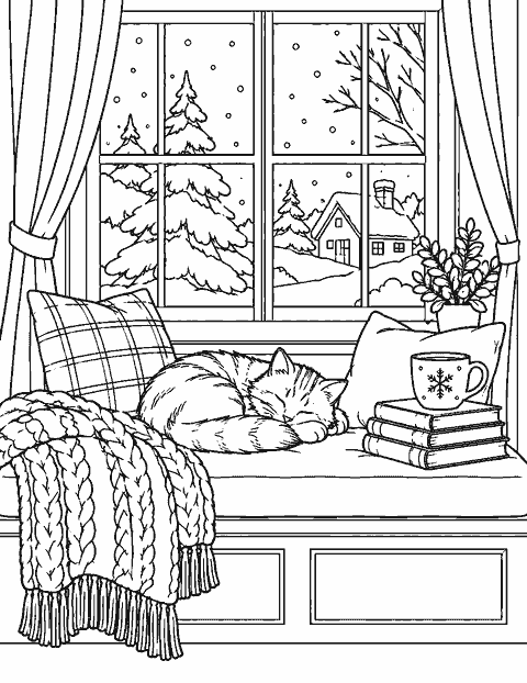 Winter window seat with books and a cat coloring page