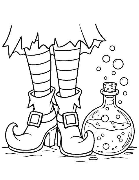 Witch's striped boots beside a bubbling potion bottle coloring page