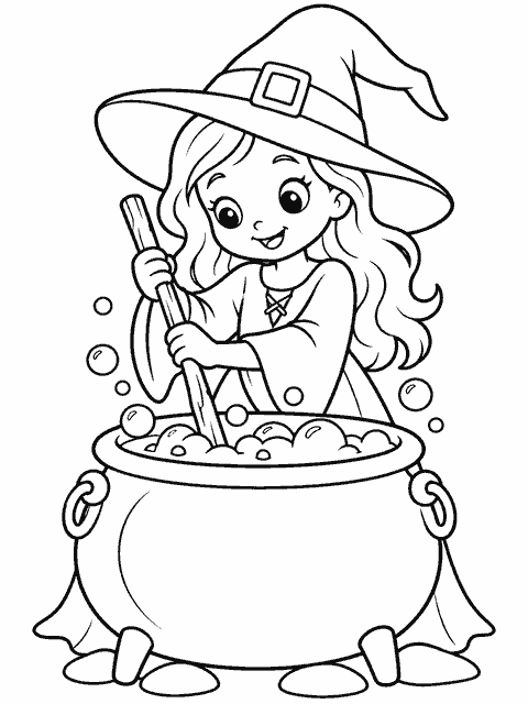 Witch stirring a cauldron coloring page