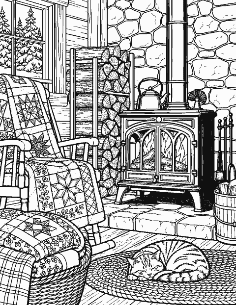 Wood stove corner with stacked logs and quilts coloring page