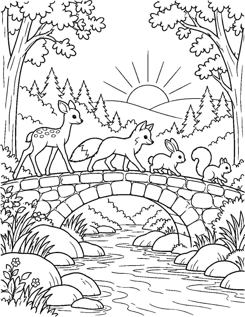 Woodland bridge with animals crossing at dawn coloring page, black and white line art