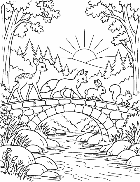 Woodland bridge with animals crossing at dawn coloring page