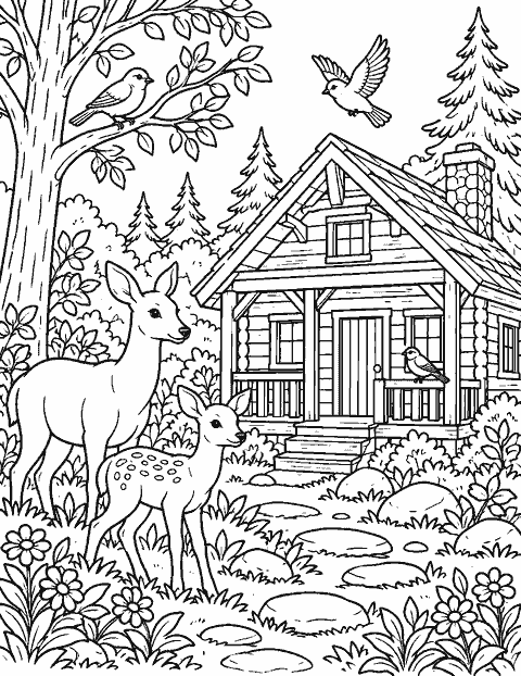 Woodland cabin visited by deer and birds coloring page