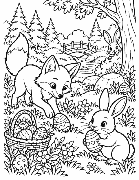 Woodland Easter hunt with foxes and rabbits coloring page