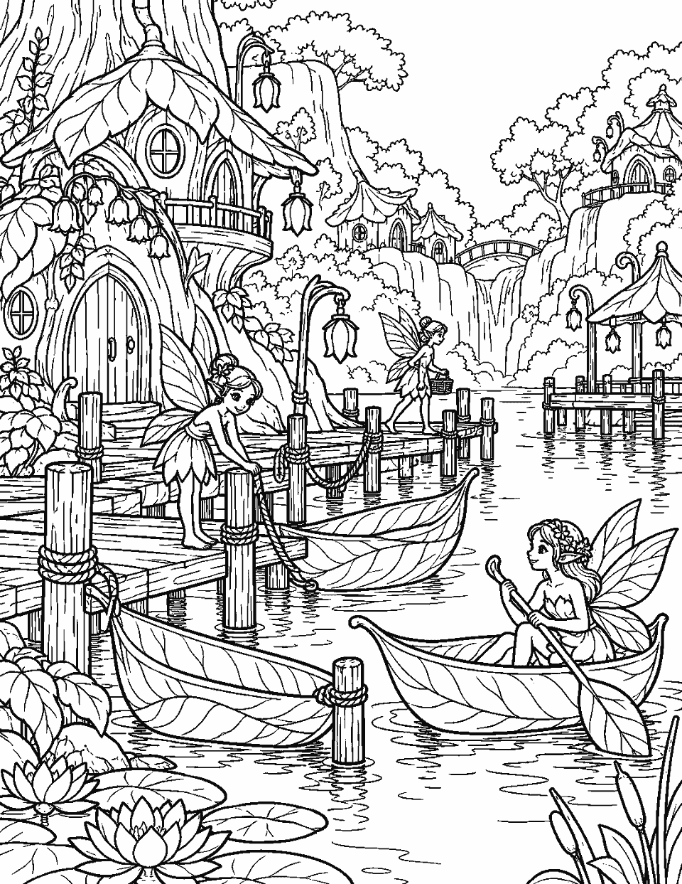 Woodland fairy harbor with leaf boats and docks coloring page, black and white line art