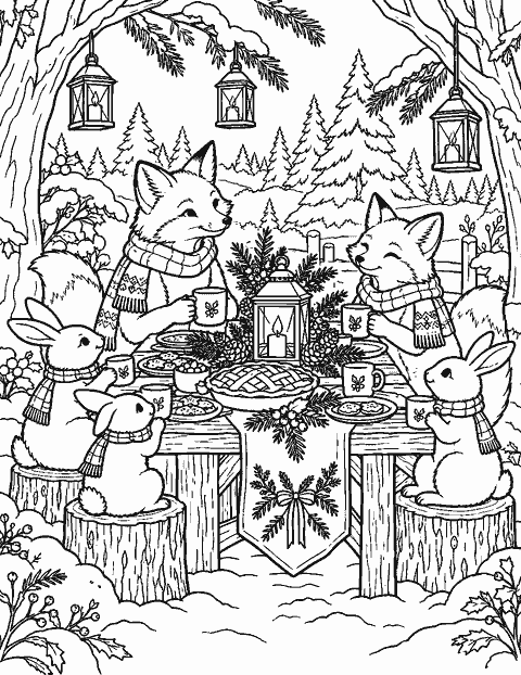 Woodland holiday table with foxes, rabbits and lanterns coloring page